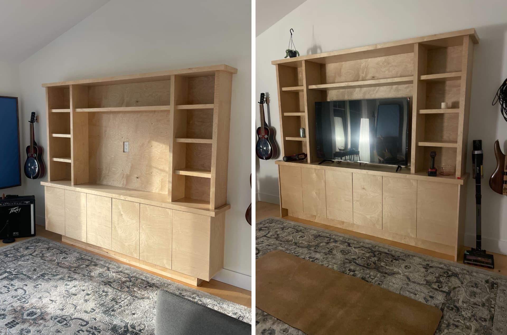 A wall-length birch plywood built-in unit shown twice: bare, with open upper shelving above a run of flush cabinet doors, and finished, with a television set into the center opening.